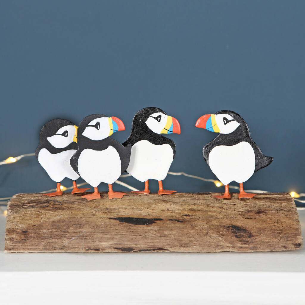 Four Puffins On Driftwood Block