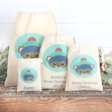 Personalised Christmas Bear Cotton Bags