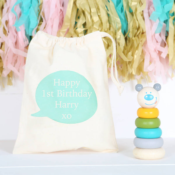 Wooden Bear Stacking Toy With Personalised Bag