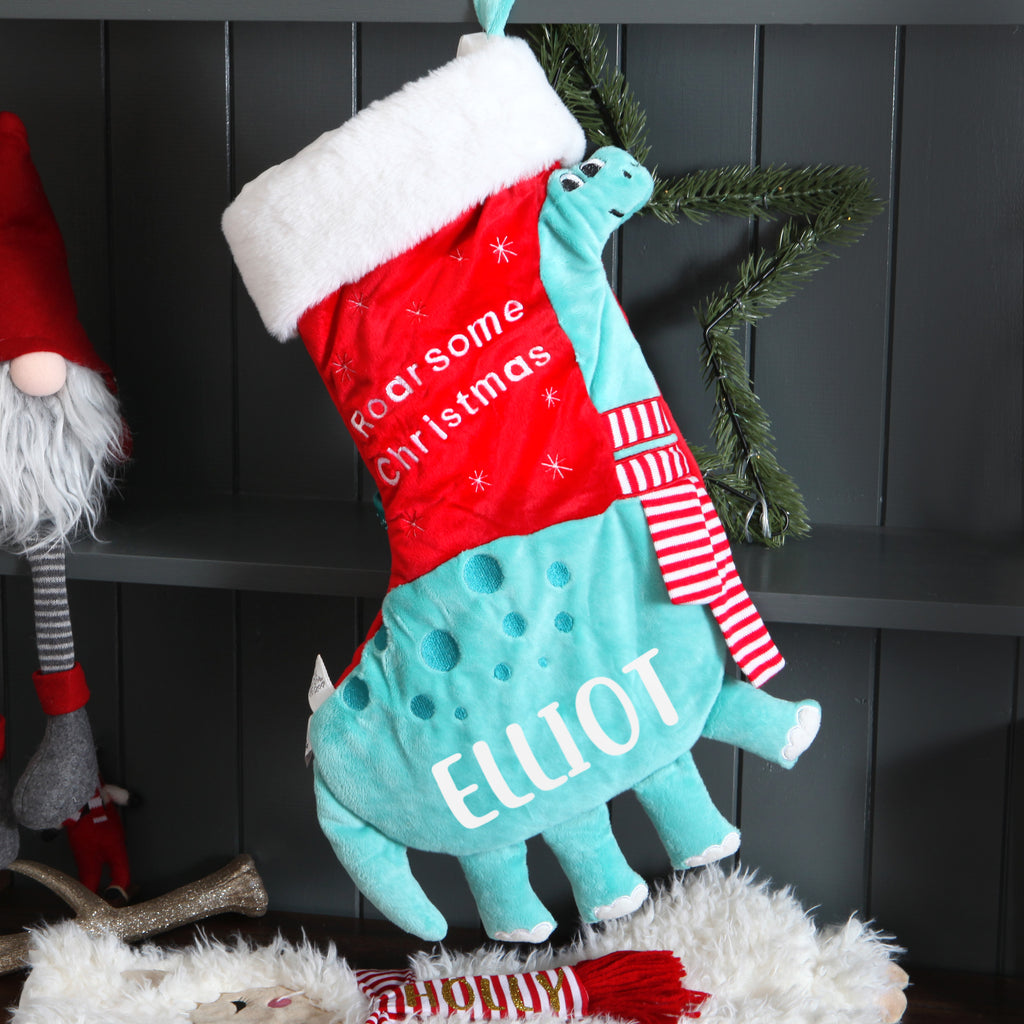 Personalised Plush Dinosaur Christmas Stocking red berry apple