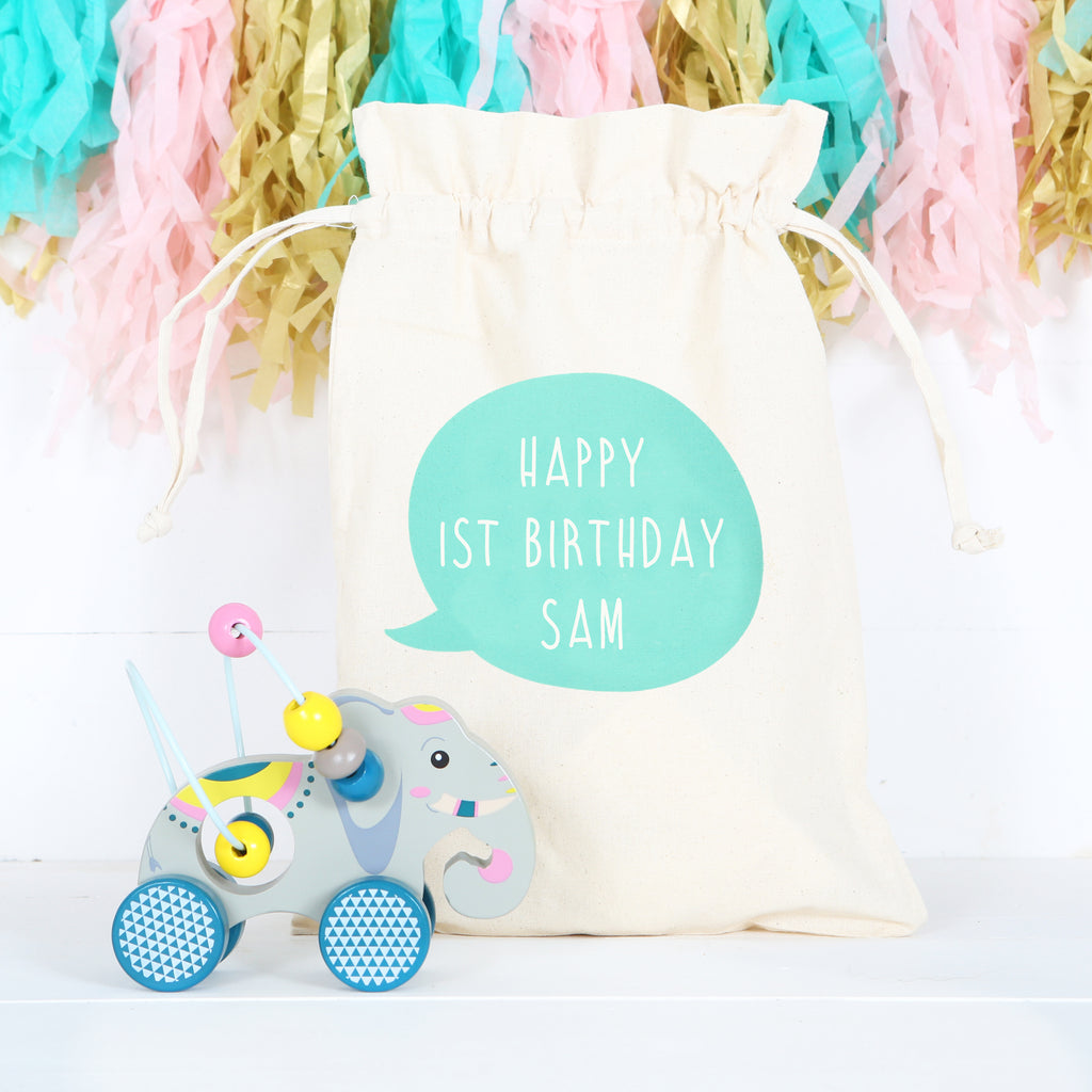 Wooden Elephant With Beads Toy And Personalised Bag
