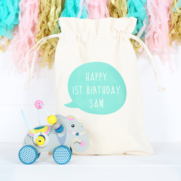 Wooden Elephant With Beads Toy And Personalised Bag