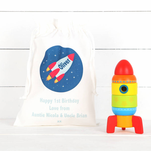 Wooden Stacking Rocket Toy With Personalised Bag