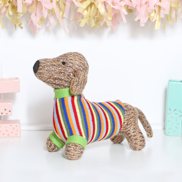 Knitted dachshund sausage dog soft toy