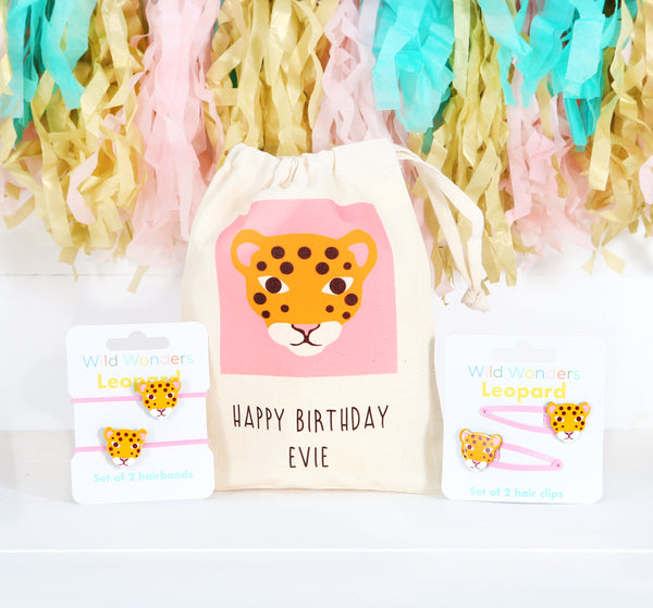 Leopard Hair Bobble And Clip Set With Personalised Bag