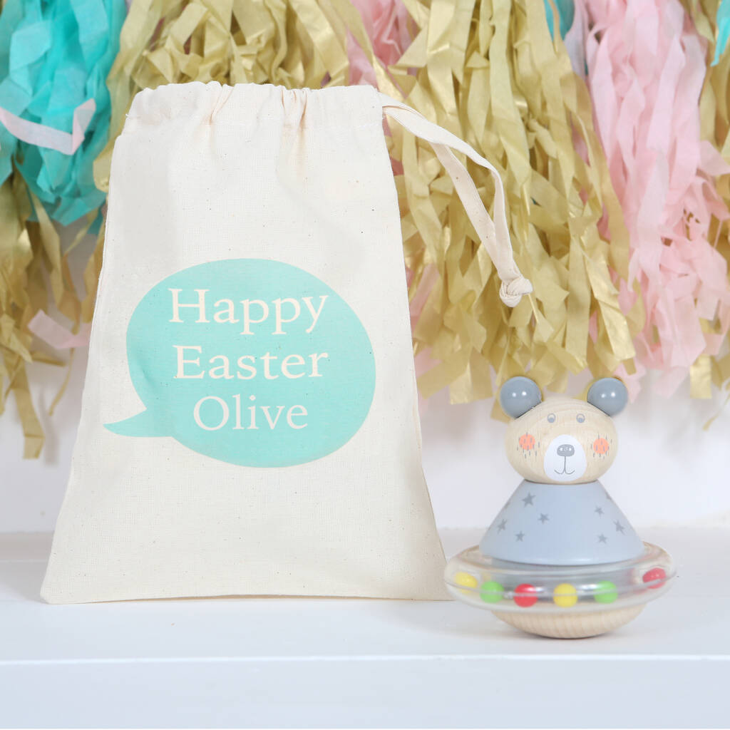 Bear Tumbler Rattle Toy And Personalised Bag