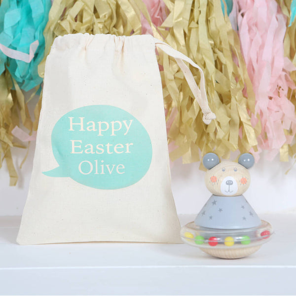 Bear Tumbler Rattle Toy And Personalised Bag