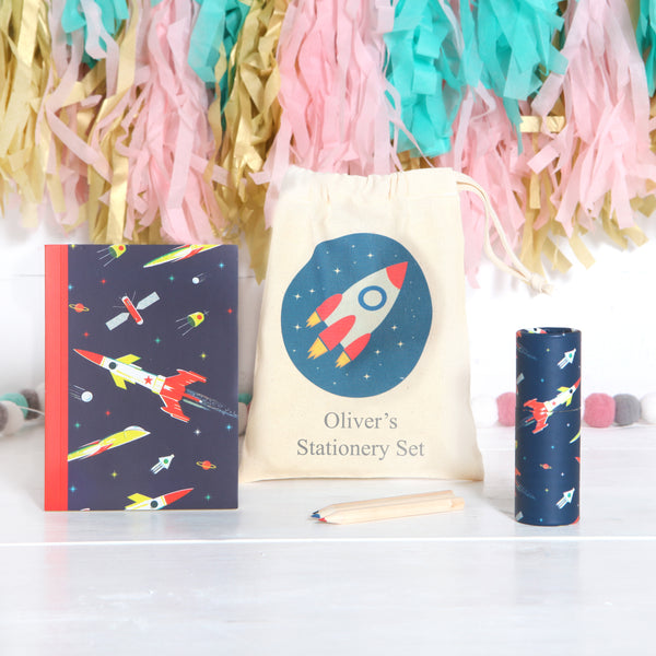 Space Rocket Stationery Set With Personalised Bag