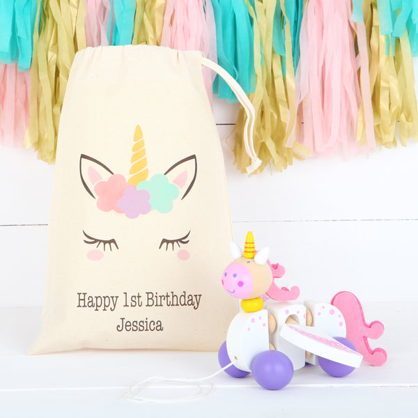 Personalised Cotton Bag And Unicorn Pull Along Toy