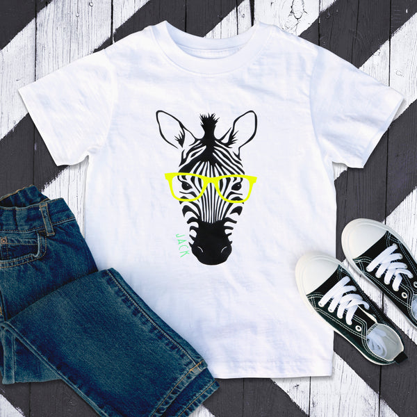 Kids Personalised Zebra With Glasses T Shirt
