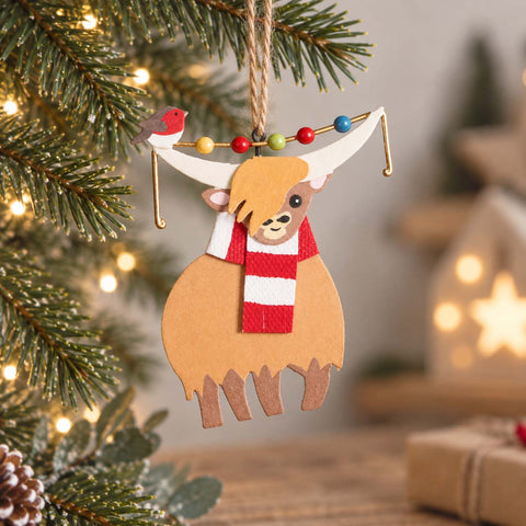 Highland Cow Coo With Robin And Scarf Christmas Tree Decoration
