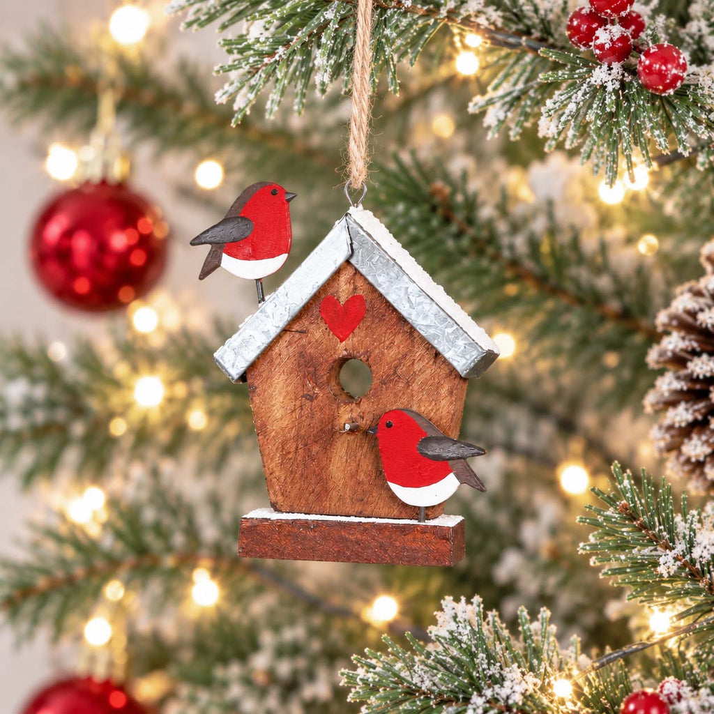 Robin Birdhouse Wooden Hanging Christmas Decoration