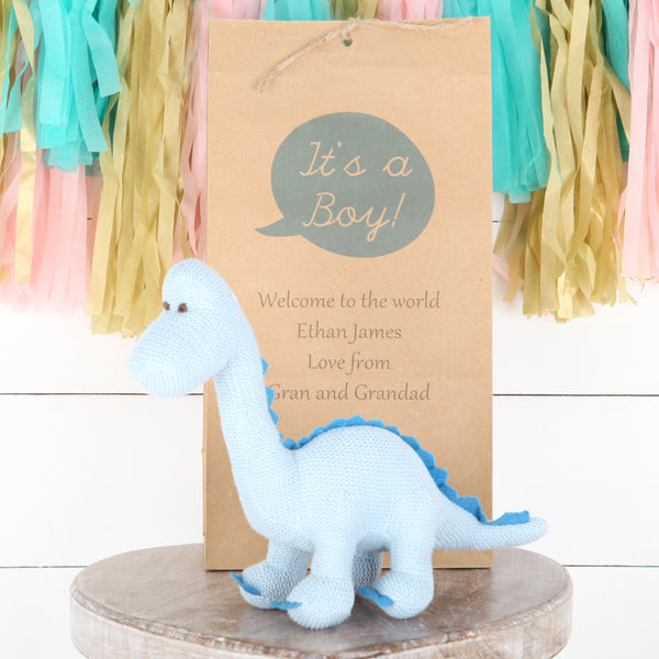 Blue Diplodocus Dinosaur Rattle + Personalised Gift Bag