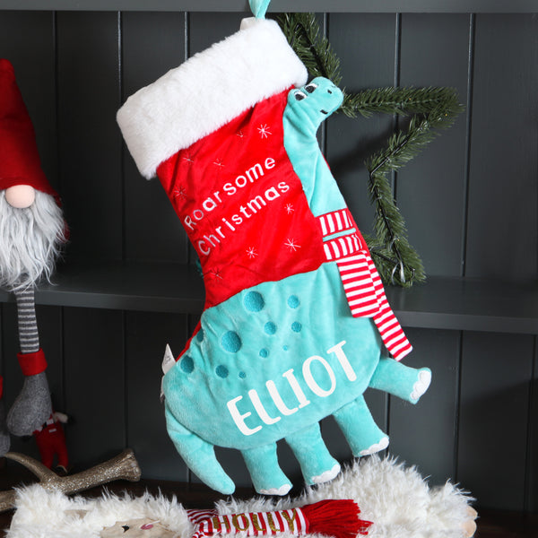 Personalised Plush Dinosaur Christmas Stocking red berry apple