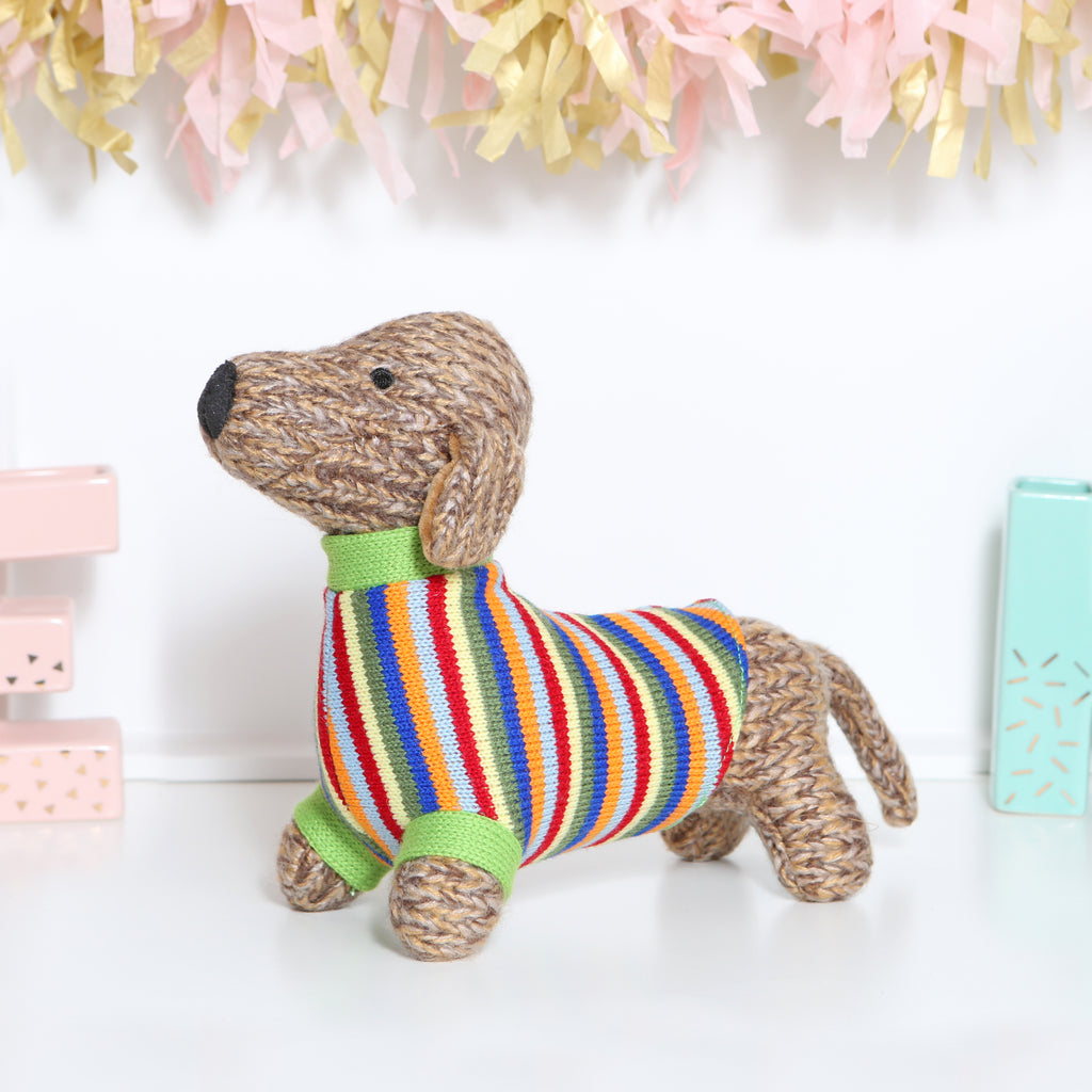 Knitted dachshund sausage dog soft toy